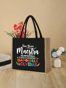 Set di due pezzi in lino nero, borsa in lino con stampa di lettere creative e portafoglio/borsa cosmetica, decorata con motivo a matita e stampa colorata di lettere, borsa shopping Dopamina, regalo di apprezzamento per gli insegnanti, borsa in lino da donna di grande capacità, regalo personalizzato per anniversario di matrimonio e compleanno degli amici, borsa in tela di moda da donna con bottone spesso, borsa in lino, regalo di Natale