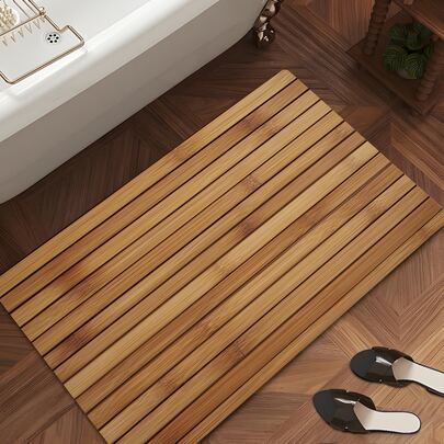 1pc Natural Bamboo Wood Grain Bath Mat - Non-Slip, Super Absorbent Silicone Bathroom Carpet, Quick Dry, Suitable For Bathroom, Kitchen, Living Room, Cafe, Bar, Garden - Essential Personal Care Gift, Ideal For Bathroom Decor