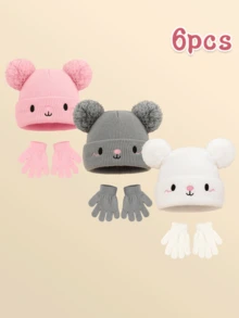 6pcs/2pcs Baby Cute Expression Pom Pom Knit Hat & Knit Fingerless Gloves Set, Boys Girls Winter Warm Cold-Proof Outfit, Suitable For Autumn/Winter Outdoor Fashion Matching, Great As Gift - Multicolor - View 7