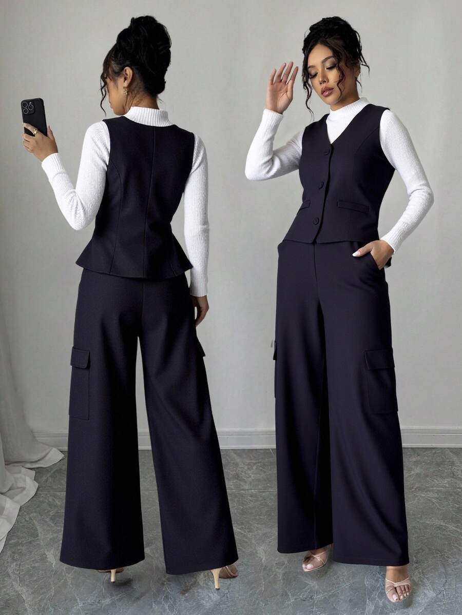 conjunto de chaleco con bolsillos y pantalon con bolsillos tipo cargo externos - Gris - Ver 1