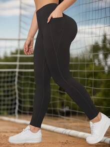 Women's Solid Color Yoga Leggings With Pockets, Butt Lifting & Tummy Control, Stretchy Workout Pants For Outdoor Fitness