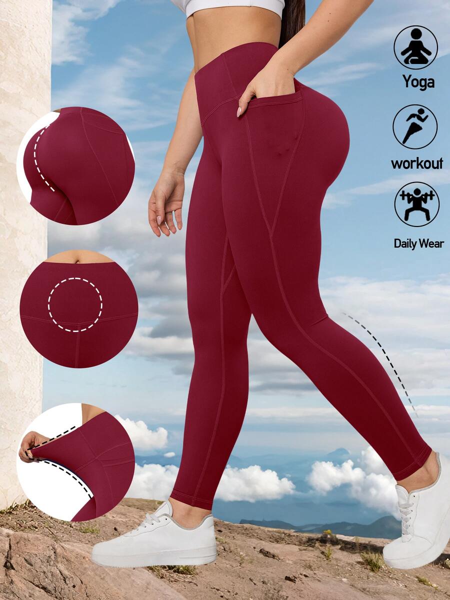 Women's Solid Color Yoga Leggings With Pockets, Tummy Control, Squat Proof, Stretchy Workout Pants Spring Sports