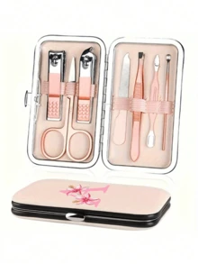 This 7-Piece A-Z Letter Print Travel Nail Art Set Features Pink Flowers And Initials Of Your Name, A Large-Capacity Nail Care Storage Box, Stainless Steel Tools, An Ultra-Sharp, Splash-Proof Nail Clipper Set, And A Classic Design Nail Clipper Case. - Multicolor - View 8