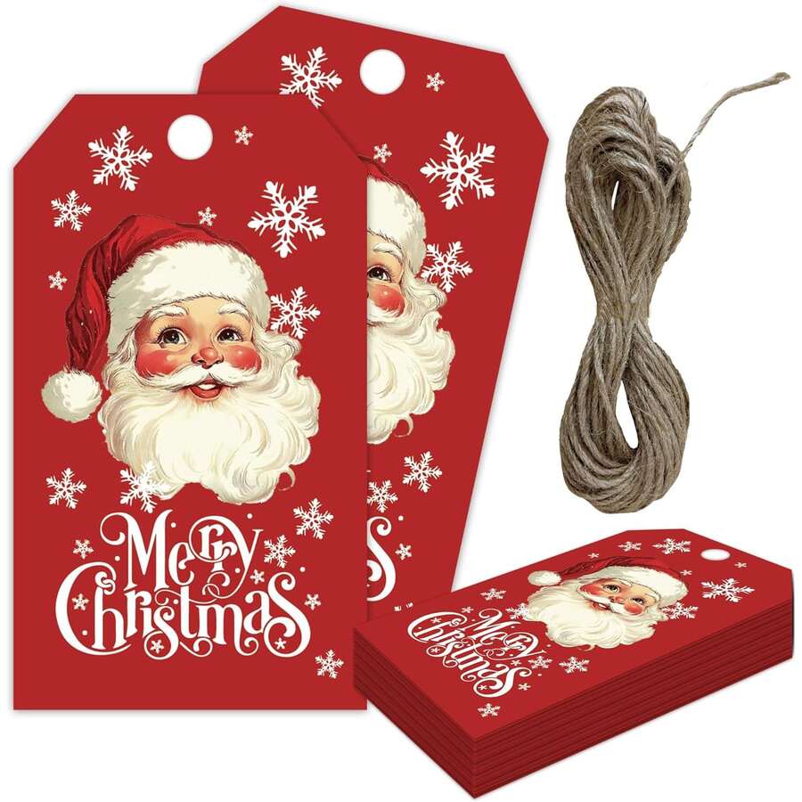 50 Piezas/30 Piezas Etiquetas Navideñas con Cuerda, Etiquetas Rojas de Papá Noel Feliz Navidad, Etiquetas Colgantes Escribibles, Suministros para Fiestas de Celebración para Envolver Regalos, Árbol de Navidad, Manualidades DIY, Hogar