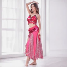 Belly Dance Costumes, Performance Costumes, Dance Skirts, Stage Costumes, Sequined Fringed Bra Sets, Full-Skirted Dresses, Competition Costumes - 玫紅色三件組(上衣+裙子+腰鍊) - 查看 10
