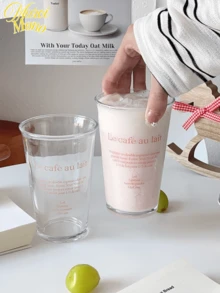 <Refresh Your Day, Glass By Glass>, 1pc Pink Glass Cup With Letter Print, Suitable For Coffee, Milk, Juice