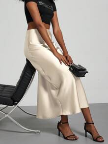 SE-HORE Women's Fashion Commuter Versatile Petite Version Elastic Satin Texture Skirt, Suitable For All Seasons - Beige
