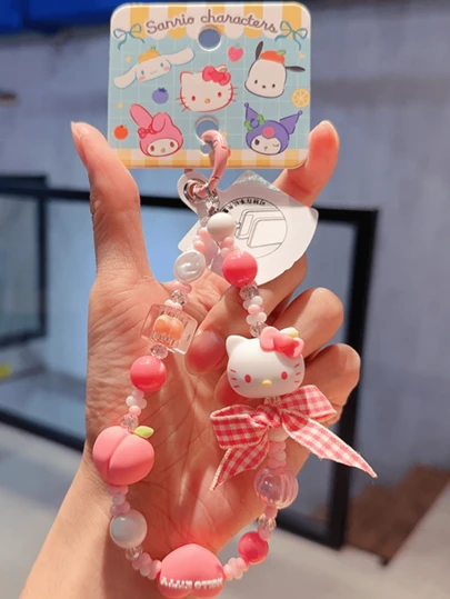 Sanrio Fruit Bead Chain - Adorable Hello Kitty & My Melody Bead Keychain, Creative Design with PVC Panel & Alloy Button, Perfect for Bag & Phone Decoration, Stylish & Durable Collectible for All Ages, Ideal Gift for Anime & Sanrio Fans