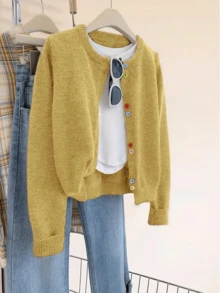 Plus Size Women Colorful Button Casual Long Sleeve Cardigan Round Neck Sweater, Autumn/Winter - Turmeric - View 4