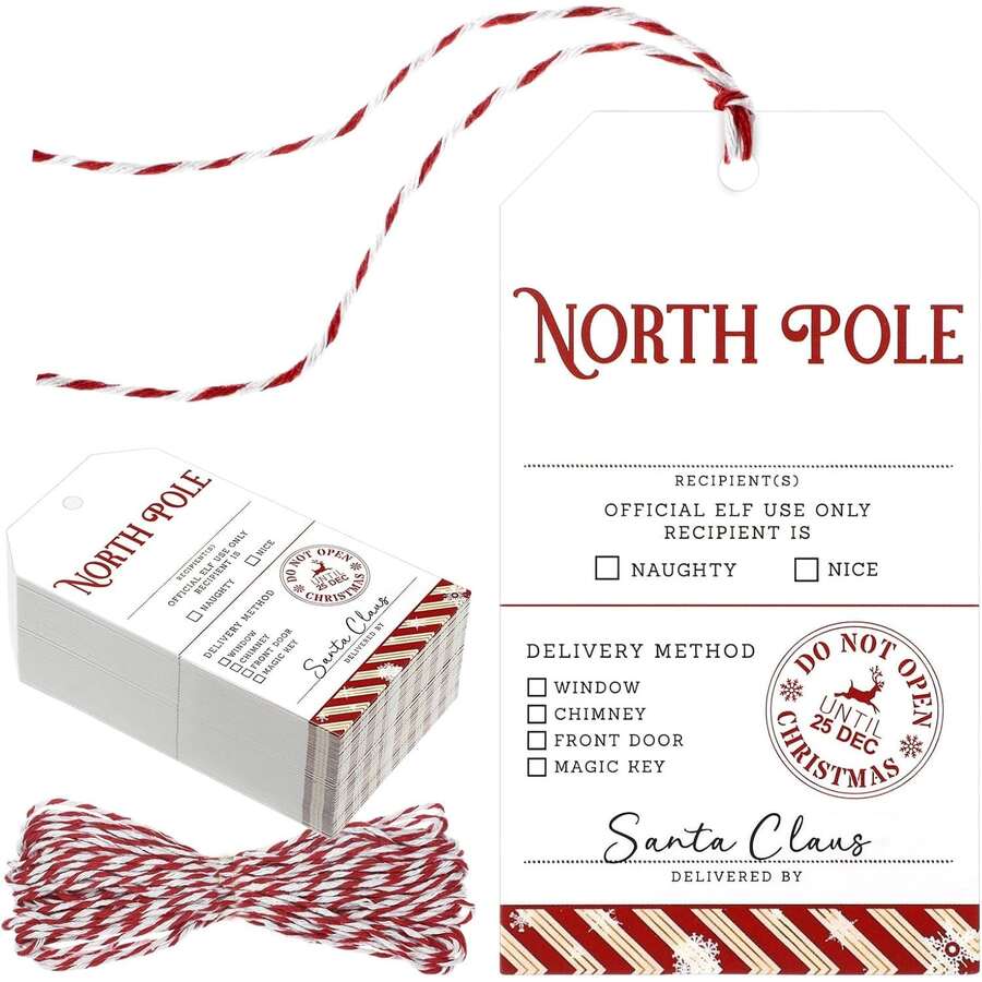 50 Piezas Etiquetas de regalos de Navidad del Polo Norte de Santa Etiquetas de regalo de Navidad con cuerda para regalos Etiquetas para papel de regalo de Navidad para fiesta de Navidad, galletas y decoración (Clásico) 30 Piezas/10 Piezas