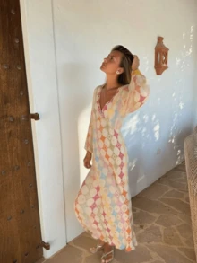 Women's Elegant Printed Elegant V-Neck Lantern Half Sleeve A- Line Dress