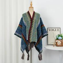 1pc Women's Fashion Multi-Color Wavy Pattern Bohemian Style Knitted Windproof Warm Tassel Shawl Poncho, Suitable For Daily, Travel, Shopping Outfit