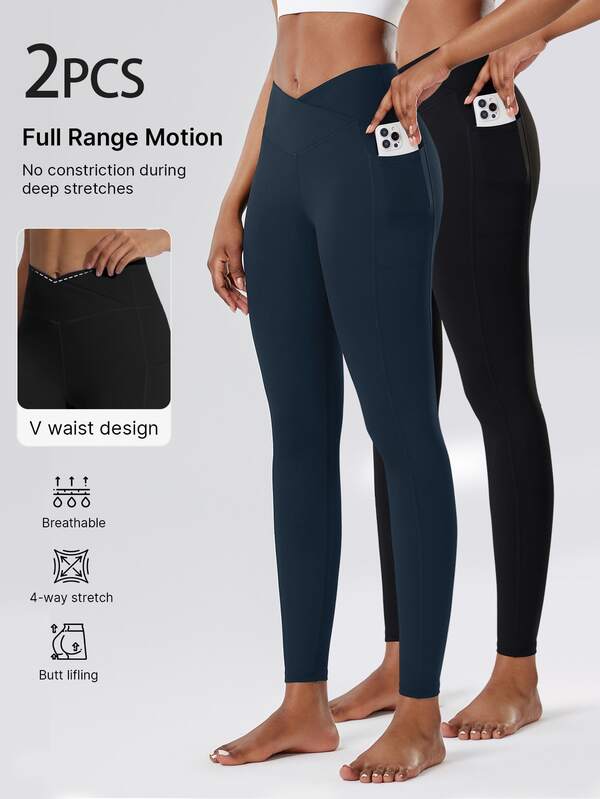 2pcs/Set Women's High Waist Lifting Tight Leggings, Activewear Pants, Cycling Pants, Yoga Pants, Fitness Wear, Dance Wear, With Criss-Cross Waist, Side Pockets, High Elasticity, Breathable, Moisture-Wicking, Suitable For Gym Workout, Running, Outdoor Sports, Cycling, Yoga, Pilates, Dance, Ballet