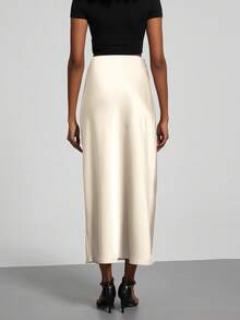 SE-HORE Women's Fashion Commuter Versatile Petite Version Elastic Satin Texture Skirt, Suitable For All Seasons - Beige