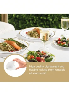 25个（7.5英寸/10.25英寸）多尺寸白色圆形双圈金色边盘水果沙拉盘，可重复使用且可清洗，适用于婚礼、派对、宴会、情人节、感恩节和圣诞节等场合，宴会餐具，派对餐盘，节日设计，时尚服务，可重复使用餐具，易于清洁，盛菜盘，餐饮服务，派对组织者