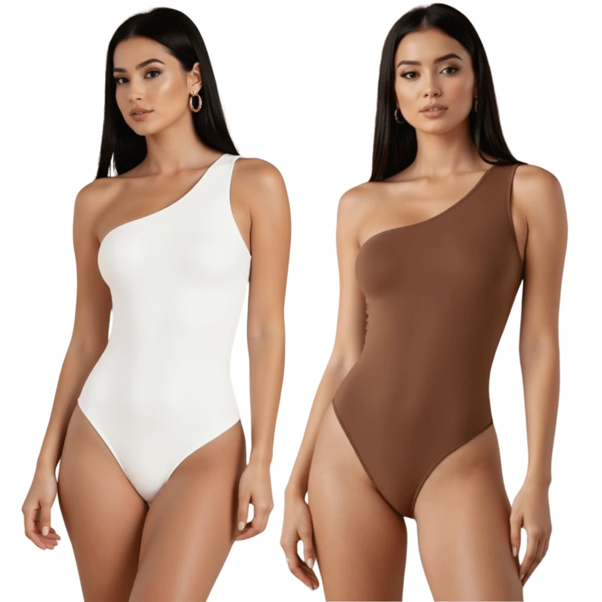 KIT 2 Women's Suplex Mula Manca Bodysuit With Lining, Thin Straps, One Shoulder - 棕色和白色 - 查看 1