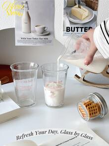 <Refresh Your Day, Glass By Glass>, 1pc Pink Glass Cup With Letter Print, Suitable For Coffee, Milk, Juice