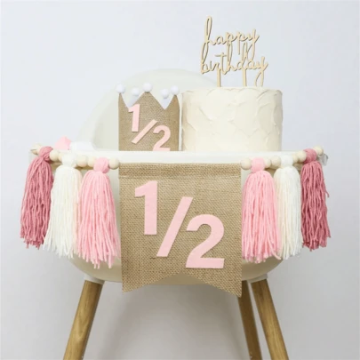 1 Pc -Set Handcrafted 1/2 Birthday High Chair Banner Kit - Bohemian Wooden Beads & Tassel Garland, Blue & White - Ideal For First Birthday Celebrations & Party Decor, Baby Birthday Party Decorations