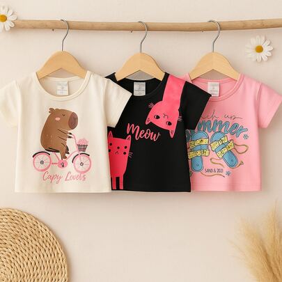 Kit 3 Blusas Infantil Menina Verão Cores e Estampas Sortidas - Tamanhos 2 ao 14