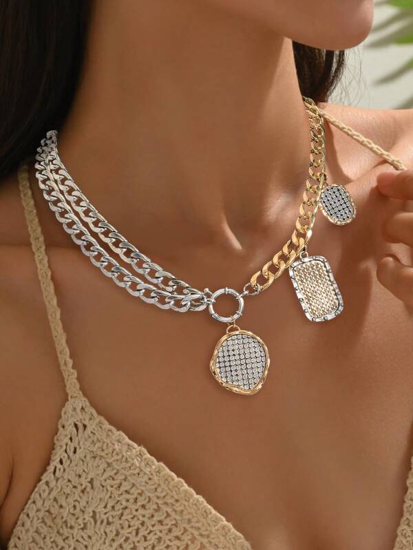 1 pieza Collar de metal mixto, Encantos con forma de moneda vintage y incrustaciones de malla de metal mixto, Adecuado para que las damas lo usen como regalo para una fiesta casual o una cita