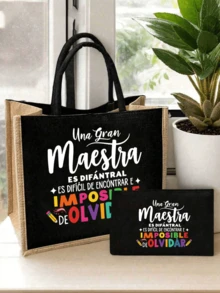 Set di due pezzi in lino nero, borsa in lino con stampa di lettere creative e portafoglio/borsa cosmetica, decorata con motivo a matita e stampa colorata di lettere, borsa shopping Dopamina, regalo di apprezzamento per gli insegnanti, borsa in lino da donna di grande capacità, regalo personalizzato per anniversario di matrimonio e compleanno degli amici, borsa in tela di moda da donna con bottone spesso, borsa in lino, regalo di Natale