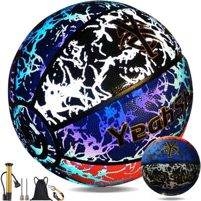 YeahShoot 1pc Holographic Reflective Basketball, Glow-In-The-Dark Basketball Size 7, Suitable For Training, Non-Slip Durable PU Leather, Suitable For Cement And Rubber Floors, Includes Air Pump And Storage Bag
