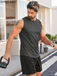 Corkhanj Ordain Men's Stretch Quick-Drying Breathable Crew Neck Sleeveless Vest - Moisture-Wicking And Comfortable - Suitable For Running, Fitness, And Outdoor Activities - Machine Washable / Breathable Spring/Summer Top - Opaque Material, Versatile - Breathable Stretch Fabric - Solid Color, A Must-Have For Fitness, Leisure, And Home - Soft Fabric - 灰色 - 查看 3