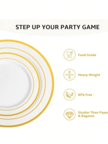 25个（7.5英寸/10.25英寸）多尺寸白色圆形双圈金色边盘水果沙拉盘，可重复使用且可清洗，适用于婚礼、派对、宴会、情人节、感恩节和圣诞节等场合，宴会餐具，派对餐盘，节日设计，时尚服务，可重复使用餐具，易于清洁，盛菜盘，餐饮服务，派对组织者