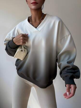 女士落肩卫衣纯色针织面料V字领百搭学院风四季3D数码印花可搭配夹克穿着