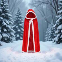 红色圣诞斗篷，金色天鹅绒圣诞连帽斗篷，短款天鹅绒圣诞斗篷，厚实球形角色扮演圣诞套装，90-150厘米 - 紅白色 - 查看 1