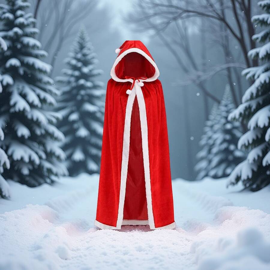 红色圣诞斗篷，金色天鹅绒圣诞连帽斗篷，短款天鹅绒圣诞斗篷，厚实球形角色扮演圣诞套装，90-150厘米 - 紅白色 - 查看 1