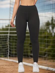 Women's Solid Color Yoga Leggings With Pockets, Butt Lifting & Tummy Control, Stretchy Workout Pants For Outdoor Fitness