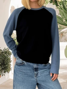 Women's Autumn Winter Knit Sweater Long Sleeve Round Neck Contrast Color Knitwear Tops - Blue - View 2