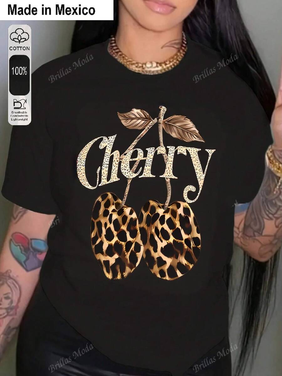 Talla grande1 Pieza Camiseta de Mujer con Estampado, Estilo Realista de Moda, Camiseta Negra con Detalle de Lazo Rosa en la Espalda, 1 PC Camiseta de Cuello Redondo para Mujeres, 180g 100% Algodón Puro, Fresca y Cómoda para la Vida Casual, Deporte, Gimnasio, Viaje, Regalo, Vacaciones de Verano, Día de la Independencia de México - Negro - Ver 1