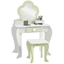 ZONEKIZ Dressing Table With Mirror And Stool, Kids Vanity Table, Girls Makeup Table With Drawer, Storage Boxes, Beauty Flower Design, For Ages 3-6 Years - White - White - View 2