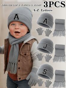 3pcs/Set 1-3 Years Old Baby 26 Letter Print Knitted Hat & Fingerless Gloves & Tassel Scarf Warm Set, Fashion Versatile Cold-Proof Outfit, Suitable For Baby Boys And Girls Outdoor Use In Autumn/Winter, Great As Gift - Grey - View 1