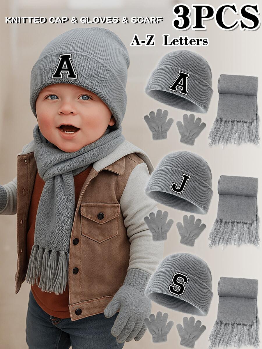 3pcs/Set 1-3 Years Old Baby 26 Letter Print Knitted Hat & Fingerless Gloves & Tassel Scarf Warm Set, Fashion Versatile Cold-Proof Outfit, Suitable For Baby Boys And Girls Outdoor Use In Autumn/Winter, Great As Gift - Grey - View 1
