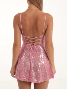 Women Spaghetti Strap Glitter Mini Dress Sleeveless Tie Back Square Neck Sparkle Sequin Cami Bodycon Dresses - 粉色 - 查看 4