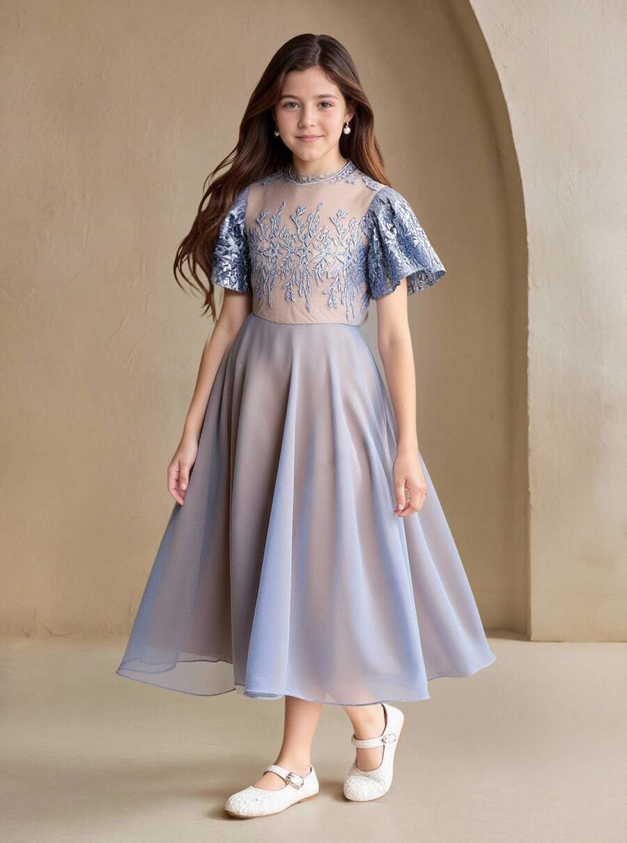 SHEIN Tween Girls Elegant Short Sleeve Dress - Grey - View 1