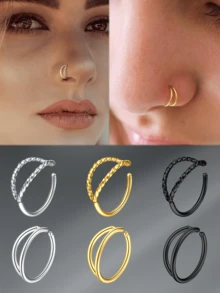 CIZME 1 件时尚不锈钢方晶锆石 20G 鼻环，适合女士日常装饰，双鼻环圈金鼻穿孔首饰耳环戒指黑色鼻钉耳洞身体首饰 - 鼻環-1 - 查看 9