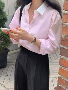 Corea del Sur chic primavera nicho temperamento colisión color solapa suelta casual versátil de manga larga camisa a rayas blusa femenina - Rosa - Ver 2