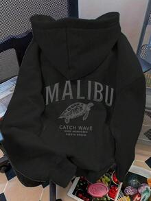 Sudadera con capucha gruesa para mujer de talla grande con estampado , de estilo casual y sencillo, adecuada para otoño/invierno - Negro - Ver 1