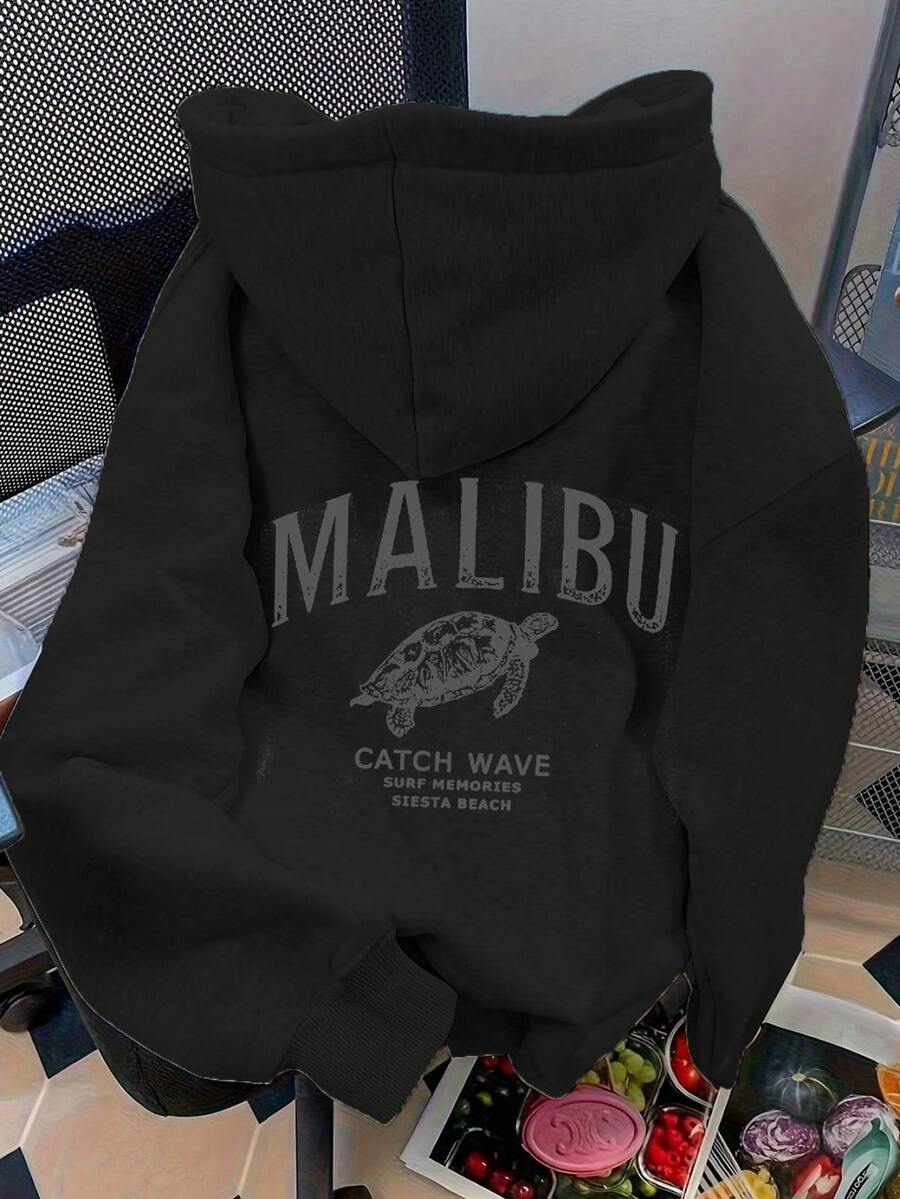 Sudadera con capucha gruesa para mujer de talla grande con estampado , de estilo casual y sencillo, adecuada para otoño/invierno - Negro - Ver 1