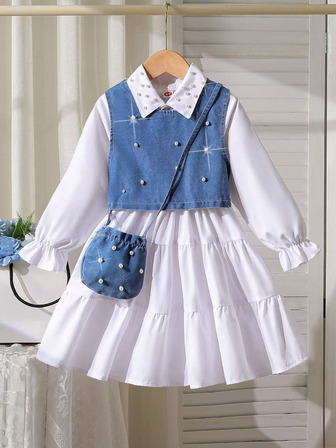Conjunto de 3 piezas para niñas: Vestido con adornos + Chaleco vaquero adorable con adornos + Bolso con adornos de moda