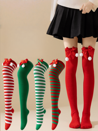 1 Pair Bowknot Christmas Over,The,Knee Socks, Women's Soft Elastic Striped Thigh High Socks, Christmas Party Supplies, Christmas Decorations, Christmas Costumes [Random Style], Cozy Socks