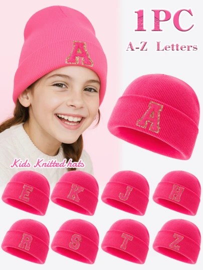 1 件儿童针织帽，带有 26 个字母图案，适合女婴日常使用的温暖无檐小帽