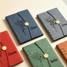 Personalized Leather Notebook With Name And Month Flower - Customizable Loose-Leaf Notebook - Custom A5 Vegan Leather Journal Set With Matching Pen, Personalized Travel/Teacher/Church Notebook, End Of Year Thank You Gift, Graduation, New Job Present - Teacher Gifts, Teacher Planner, Office Supplies, Stationery Gift, Travel Size Diary, Halloween Gift,Christmas Gift Supplies - Multicolor - View 2