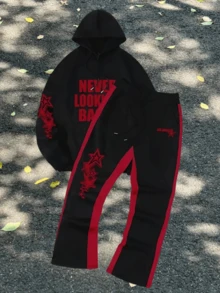 [Two-Piece Set] Men's Casual Sports Hooded Sweatshirt, Long-Sleeved Hooded Sweatshirt With Drawstring Trousers, Letter And Star Print Design, Men's Street Suit, Retro Style, Suitable For Autumn And Winter - 黑色 - 查看 2