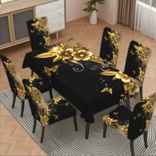 4/6/5/7 Pcs Classic Floral Pattern Black & Gold Chair Covers And Tablecloth Set, 4 Pcs (4 Chair Covers), 6 Pcs (6 Chair Covers), 5 Pcs (1 Tablecloth + 4 Chair Covers), 7 Pcs (1 Tablecloth + 6 Chair Covers), Suitable For Indoor/Outdoor, Home Gatherings, Holiday Table & Chair Decor, Reusable - Multicolor - View 3