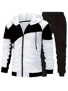 [2-Piece Set] Long-Sleeved Black And White Spliced Hooded Jacket And Solid Color Drawstring Trousers, Men's Casual Sports Suit, Machine Washable, New Autumn And Winter Style, Regular Version, Suitable For Daily Exercise Outside - Đen và trắng - Xem 2